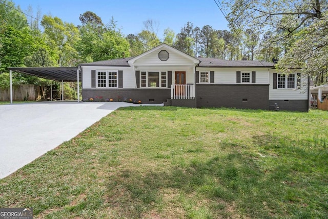 2125 Perkerson Mill Rd, Austell, GA 30106 - ranch-style house with crawl space, a carport, a front yard, fence, and concrete driveway