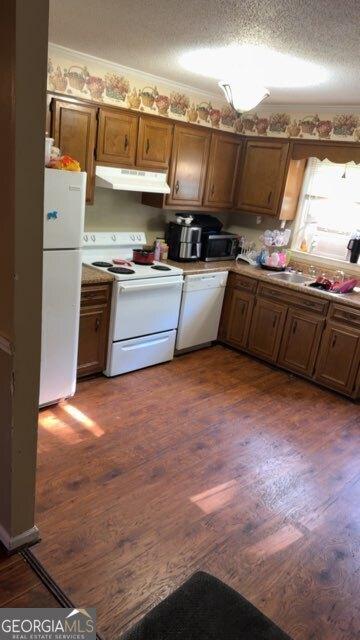 kitchen featuring under cabinet range hood, white appliances, dark wood-style flooring, and a textured ceiling