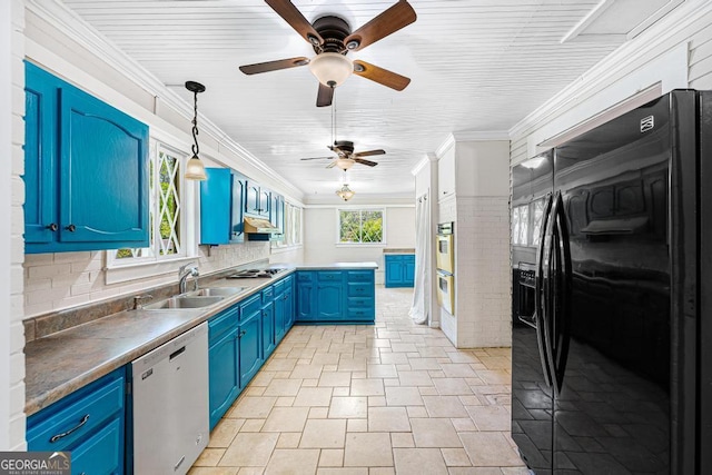 209 Westminster Hwy, Westminster, SC 29693 - kitchen with black fridge, dishwasher, blue cabinets, stovetop, and a ceiling fan