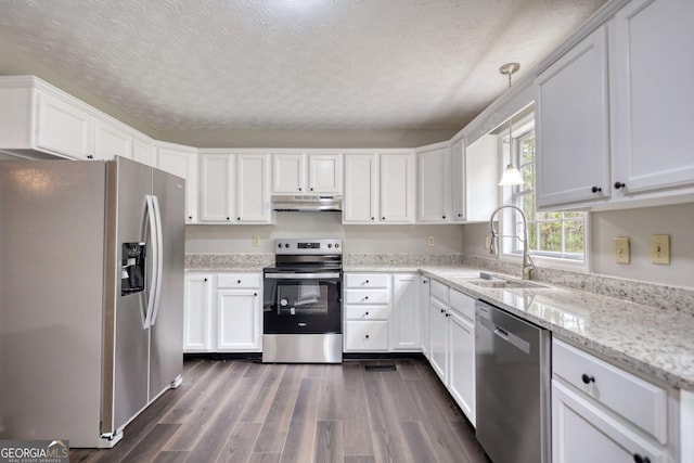 kitchen with dark wood-style floors, white cabinets, under cabinet range hood, stainless steel appliances, and a sink