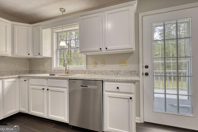 kitchen with white cabinets, a sink, pendant lighting, dark wood-type flooring, and stainless steel dishwasher