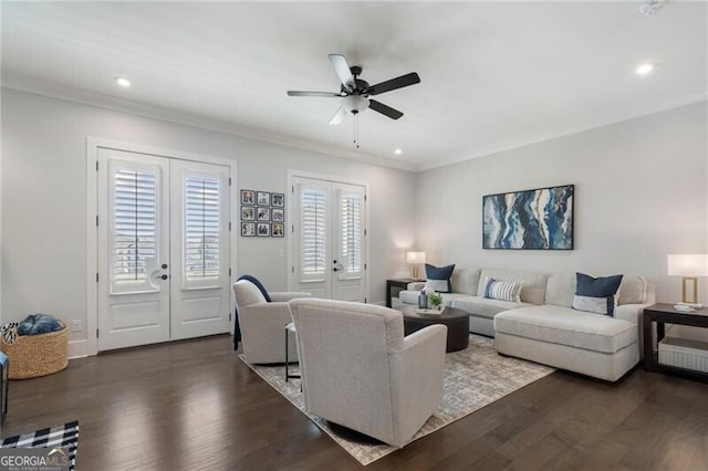 825 Maplewood Dr, Roswell, GA 30075 - living area featuring a ceiling fan, french doors, ornamental molding, and dark wood-style floors