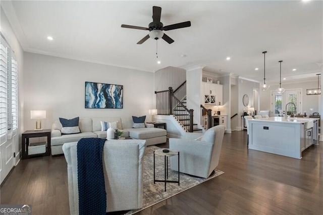 825 Maplewood Dr, Roswell, GA 30075 - living room featuring recessed lighting, stairs, dark wood-style flooring, and a ceiling fan