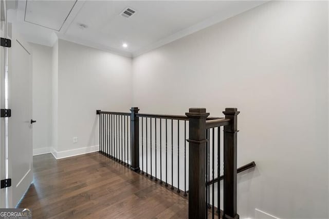 825 Maplewood Dr, Roswell, GA 30075 - hall featuring visible vents, baseboards, an upstairs landing, attic access, and wood finished floors