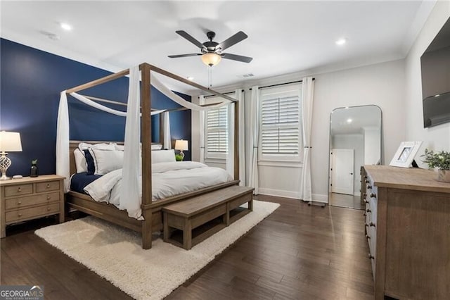 825 Maplewood Dr, Roswell, GA 30075 - bedroom with visible vents, ceiling fan, baseboards, and dark wood-style floors