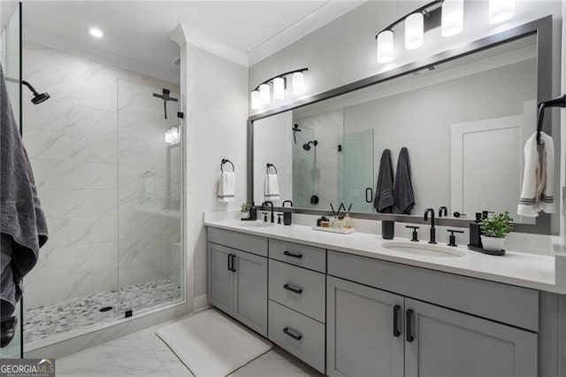 825 Maplewood Dr, Roswell, GA 30075 - bathroom featuring marble finish floor, ornamental molding, a sink, and a marble finish shower