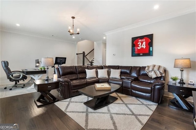 825 Maplewood Dr, Roswell, GA 30075 - living room featuring an inviting chandelier, ornamental molding, recessed lighting, stairs, and wood finished floors