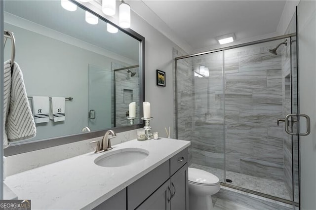 825 Maplewood Dr, Roswell, GA 30075 - full bathroom with a stall shower, vanity, and ornamental molding