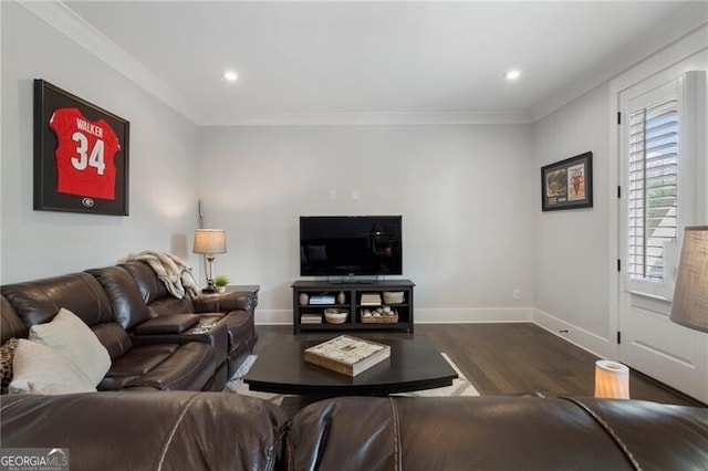 825 Maplewood Dr, Roswell, GA 30075 - living room with ornamental molding, baseboards, dark wood-style floors, and recessed lighting