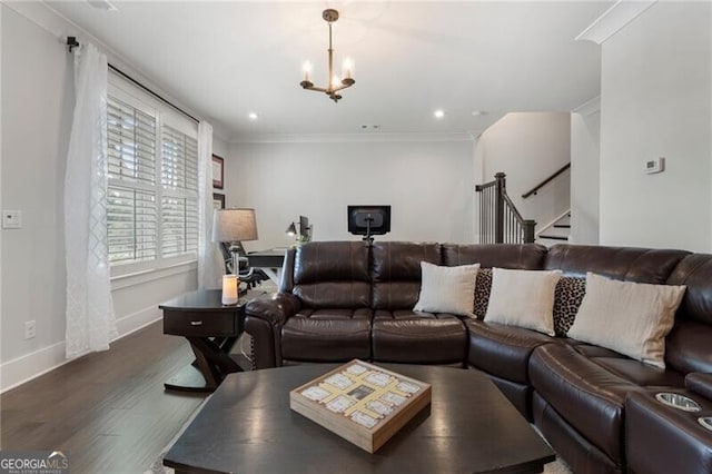 825 Maplewood Dr, Roswell, GA 30075 - living area featuring crown molding, a chandelier, wood finished floors, stairs, and baseboards