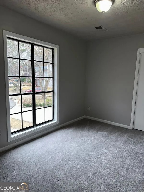 carpeted empty room featuring visible vents, a textured ceiling, and baseboards