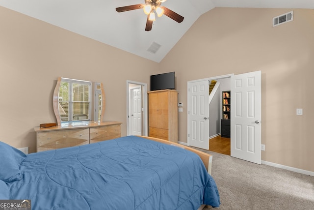 6058 Grand Reunion Dr, Hoschton, GA 30548 - bedroom featuring high vaulted ceiling, carpet flooring, visible vents, and baseboards