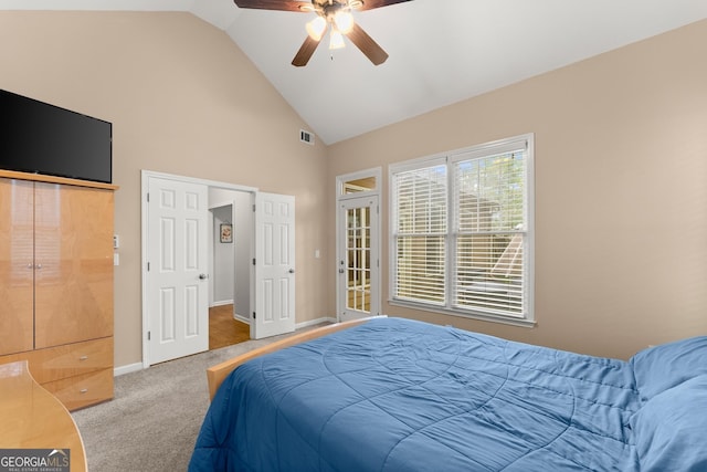 6058 Grand Reunion Dr, Hoschton, GA 30548 - bedroom featuring baseboards, a ceiling fan, visible vents, high vaulted ceiling, and carpet