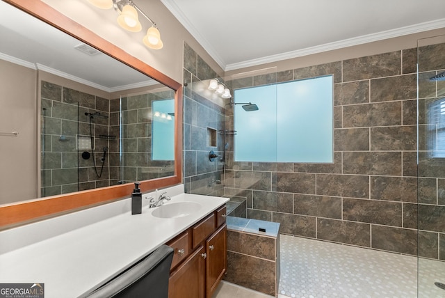 6058 Grand Reunion Dr, Hoschton, GA 30548 - bathroom featuring a walk in shower, vanity, visible vents, and ornamental molding