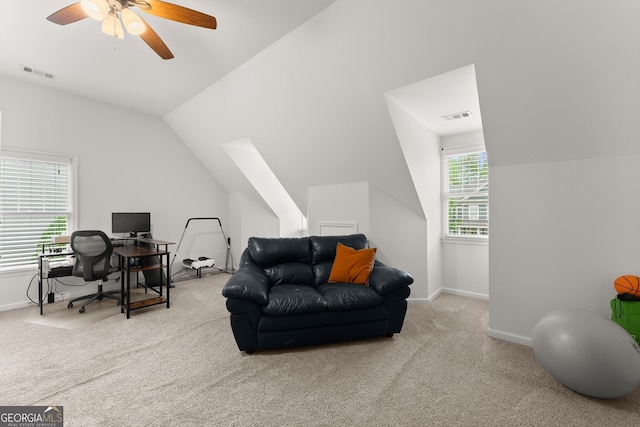 6058 Grand Reunion Dr, Hoschton, GA 30548 - home office featuring visible vents, vaulted ceiling, a ceiling fan, and carpet floors