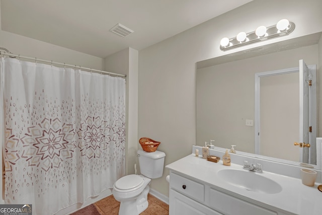 full bath with vanity, tile patterned flooring, visible vents, toilet, and curtained shower