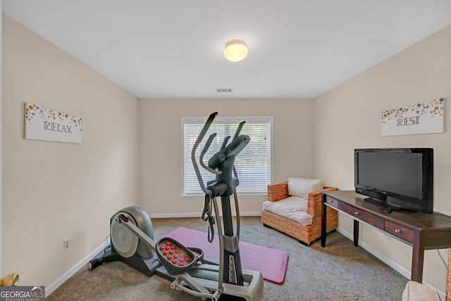 exercise room with carpet, visible vents, and baseboards