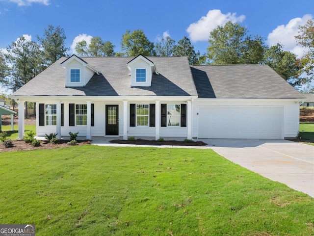 cape cod house with a front yard, a shingled roof, driveway, and an attached garage