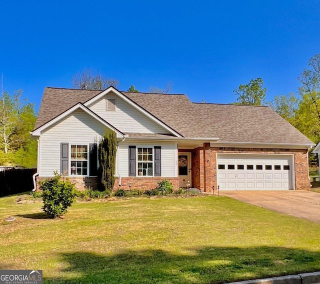 33 Mountain View Dr, Rockmart, GA 30153 - ranch-style house with brick siding, an attached garage, a front lawn, driveway, and roof with shingles