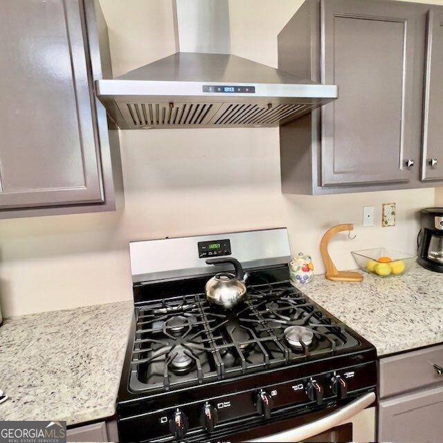 33 Mountain View Dr, Rockmart, GA 30153 - kitchen featuring gas stove, wall chimney range hood, and gray cabinetry
