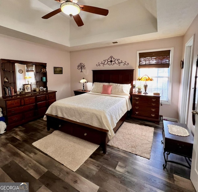 33 Mountain View Dr, Rockmart, GA 30153 - bedroom with dark wood-style floors, a raised ceiling, and ceiling fan