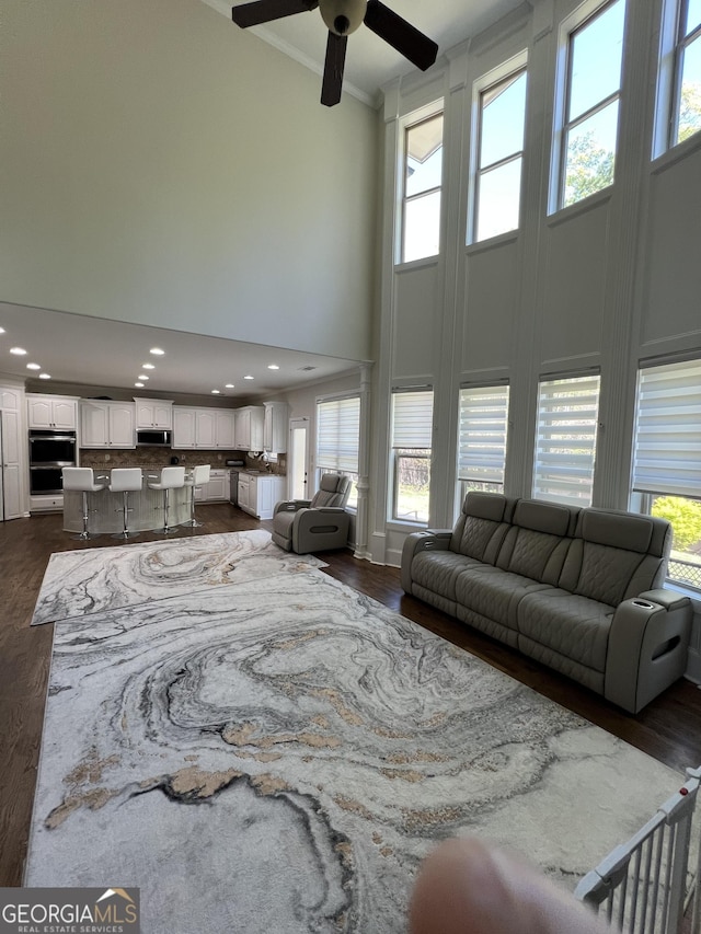 living room with dark wood finished floors, a wealth of natural light, a towering ceiling, and ornamental molding