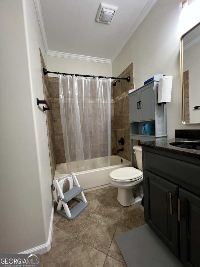 bathroom featuring shower / bath combo, toilet, visible vents, crown molding, and vanity
