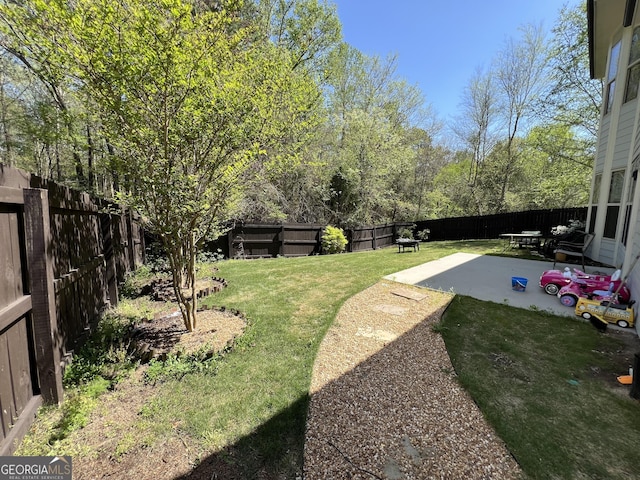 view of yard with a fenced backyard and a patio