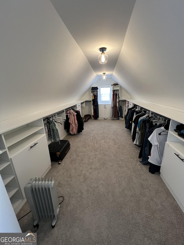 walk in closet with vaulted ceiling and carpet