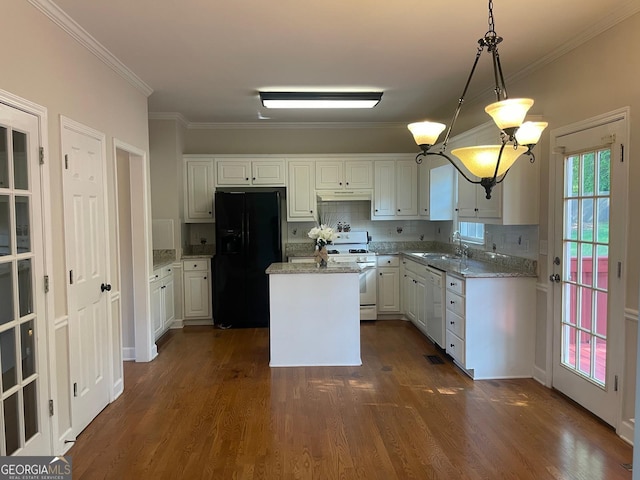 8100 Greens Mill Way, Loganville, GA 30052 - kitchen featuring white appliances, a sink, under cabinet range hood, ornamental molding, and backsplash