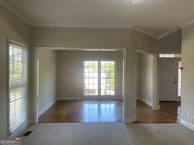 8100 Greens Mill Way, Loganville, GA 30052 - empty room with ornamental molding, baseboards, carpet, and wood finished floors