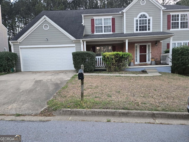 view of front facade featuring a shingled roof, concrete driveway, an attached garage, covered porch, and brick siding