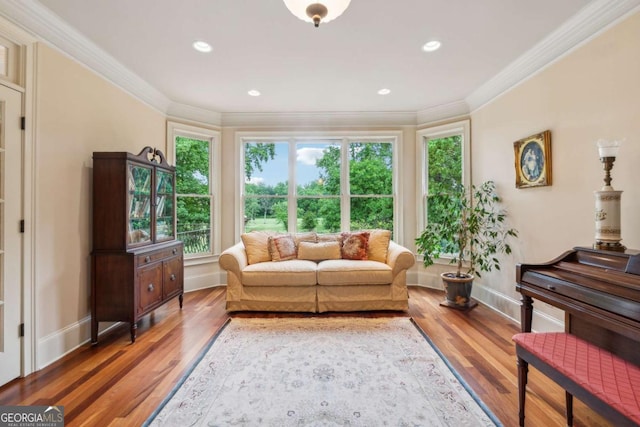 6935 Wakehurst Pl, Cumming, GA 30040 - living room featuring plenty of natural light, wood finished floors, baseboards, crown molding, and recessed lighting