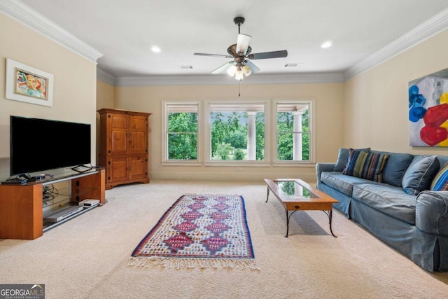 6935 Wakehurst Pl, Cumming, GA 30040 - carpeted living area with healthy amount of natural light, ceiling fan, ornamental molding, and recessed lighting