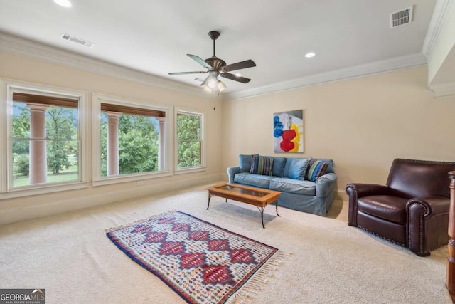 6935 Wakehurst Pl, Cumming, GA 30040 - living room featuring carpet floors, crown molding, a ceiling fan, and recessed lighting