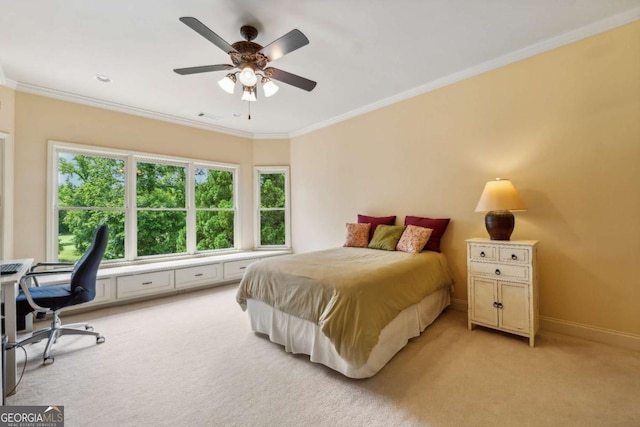 6935 Wakehurst Pl, Cumming, GA 30040 - bedroom featuring light colored carpet, crown molding, a desk, baseboards, and ceiling fan