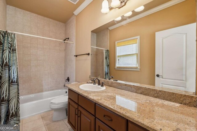 6935 Wakehurst Pl, Cumming, GA 30040 - bathroom with tile patterned floors, toilet, shower / bath combo, vanity, and crown molding