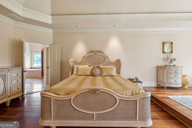 6935 Wakehurst Pl, Cumming, GA 30040 - bedroom featuring dark wood-style floors and ornamental molding