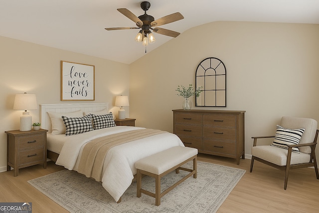 7112 Brookview Way, Riverdale, GA 30274 - bedroom with light wood-style flooring, a ceiling fan, baseboards, and lofted ceiling