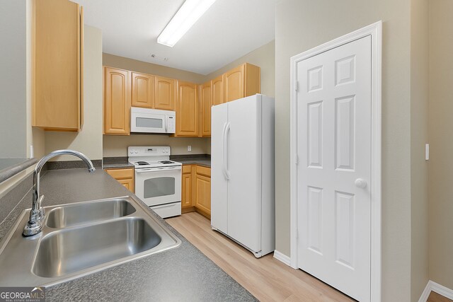 7112 Brookview Way, Riverdale, GA 30274 - kitchen featuring white appliances, a sink, light brown cabinetry, and dark countertops