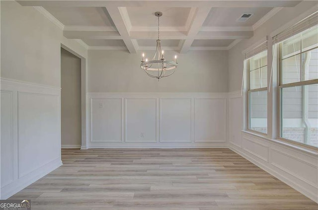 140 Cooper Cv E Lot 21, Fayetteville, GA 30215 - unfurnished dining area with a decorative wall, a chandelier, beamed ceiling, coffered ceiling, and light wood-type flooring
