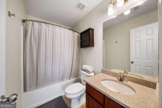bathroom featuring toilet, visible vents, shower / tub combo with curtain, and vanity