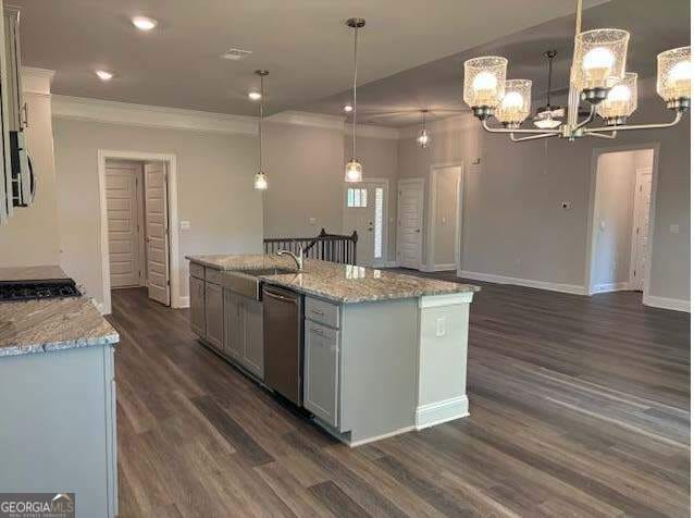 3383 Milan Court Lot 4; Plapprox Sqft 1, Douglasville, GA 30135 - kitchen featuring stainless steel dishwasher, a chandelier, a sink, dark wood-style flooring, and baseboards