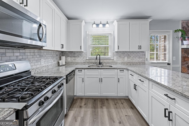 kitchen featuring white cabinets, a sink, light wood finished floors, stainless steel appliances, and tasteful backsplash