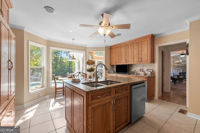 kitchen featuring a sink, stainless steel dishwasher, ceiling fan, light tile patterned floors, and crown molding