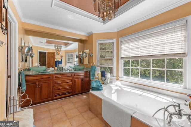 full bathroom featuring a tray ceiling, a chandelier, tile patterned floors, double vanity, and crown molding