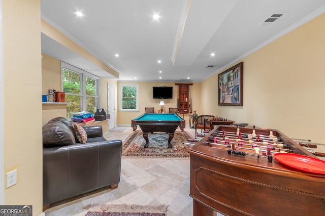 playroom with pool table, ornamental molding, and recessed lighting