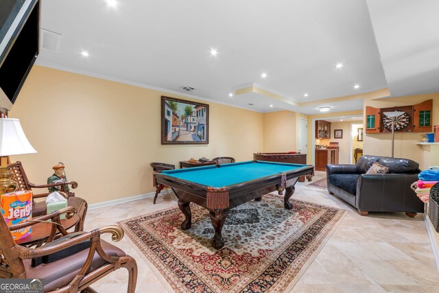 rec room with crown molding, pool table, recessed lighting, and baseboards