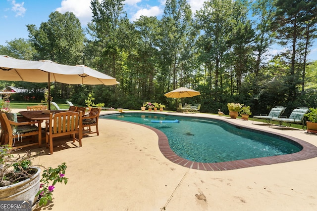 outdoor pool featuring a patio and view of scattered trees