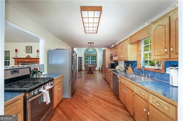 209 Red Fern Ct, Canton, GA 30114 - kitchen featuring stainless steel appliances, a sink, light wood-style floors, and dark countertops